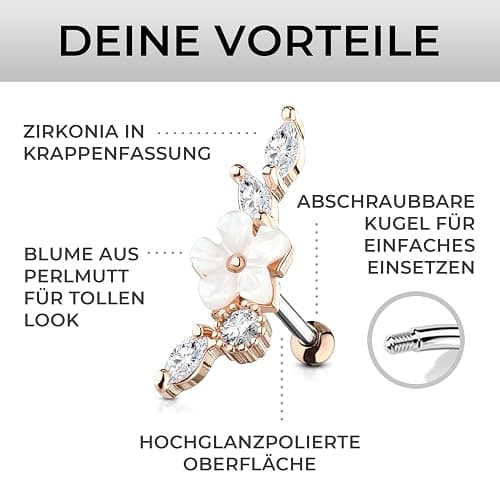 Stachelkleid Blume Perlmut Zirkonia Helix Ohrring Piercing Ohr Barbell Chirurgenstahl 316L thumbnail 2