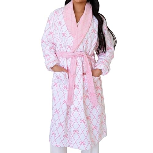 VISGOGO Bow Robes For Women Robe Lightweight Short Women Bathrobe Soft Ladies Cute Bathrobe With Pocket Pink And White - Image 1