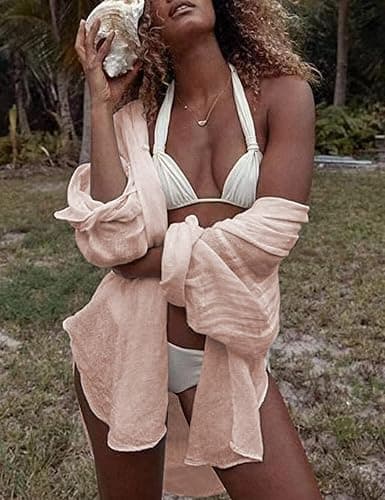Zicozy Beach Coverup for Women, Swimsuit Coverup Long Sleeve, Linen Bikini Cover Up Shirt, Bathing Suit Cover Ups for Pool - Light Pink thumbnail 3
