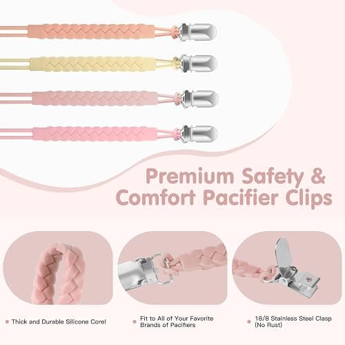 TenderBabe Silicone Pacifier Clip for Baby Girls and Boys, Pack of 6 Soft Flexible Paci Binky Clips with One-Piece Braided-Style Design,BPA-Free Baby Essentials thumbnail 4