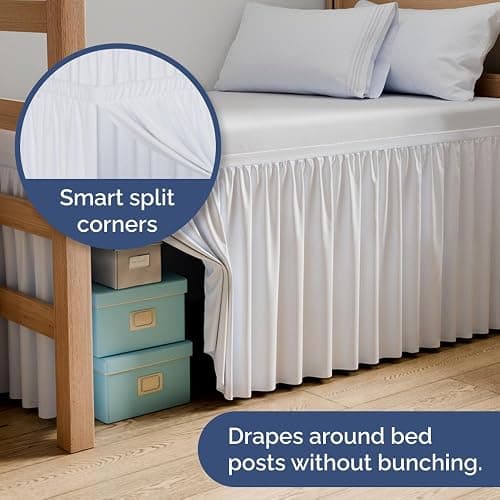 Wrap Around Dorm Room Bed Skirt - For Twin XL Size Beds w/ 40 Inch Drop - Extra Long Dust Ruffled College Bedskirt with Split Corners - Easy Fit Elastic Strap - Adjustable, Fade & Wrinkle Free - White thumbnail 4