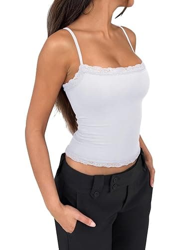 PINKMSTYLE Women's Sexy Square Neck Lace Cami Tank Tops Fitted Double Lined Sleeveless Crop Spaghetti Strap Summer Y2k Tops thumbnail 5