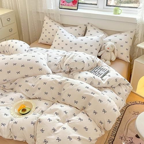 Covebett Black Bow Duvet Cover Single Bows Bowknot Print Kawaii Bedding Set Kids Girls Cute Black White Bow Tie Microfiber Comforter Cover 135x200 cm with Zipper Closure and 1 Pillowcase 50x75 cm thumbnail 2