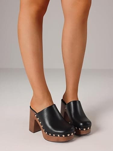Oiamenne Womens Platform Clogs Mules Chunky High Heeled Sandals Round Toe Slip On Slides Rivet Studded Heels for Women Casual Comfy Shoes thumbnail 2