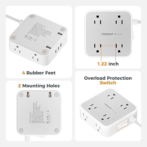 TESSAN Surge Protector Power Strip, 5 Ft Flat Plug Extension Cord with 3 USB (2 USB C) 8 Outlets, 1250W, 900J Protection, 3 Sided Outlet Extender with Power Switch for Office, Dorm Room, Grey thumbnail 7
