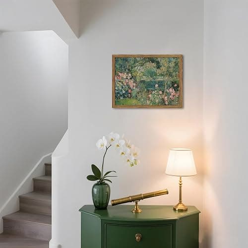 Framed Vintage Floral Landscape Canvas Wall Art, Rose Garden Pond Wall Decor Paintings, Rustic Cottagecore Nature Plant Pictures Prints Aesthetic Home Decor for Living Room Bedroom Bathroom 8x10 inch thumbnail 3