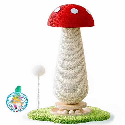 WLHYHHCute Mushroom Shaped Cat Scratching Post - Cat Toy with Ball Lane and Spring-Loaded Pom Poms - 21.25 Inch Tall Sisal Cat Scratching Post for Indoor Cats - Image 1