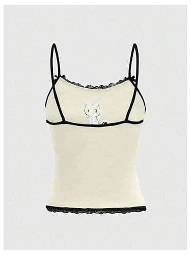 Floerns Women's Sleeveless Cat Embroidery Striped Scoop Neck Contrast Lace Cami Tops thumbnail 2