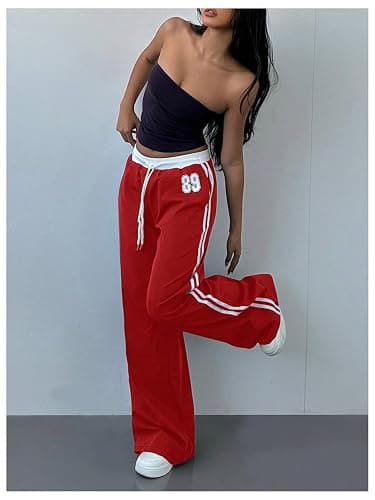 WDIRARA Women's Wide Leg Baggy Sweatpants Side Striped Number Graphic Track Pants with Pockets thumbnail 5