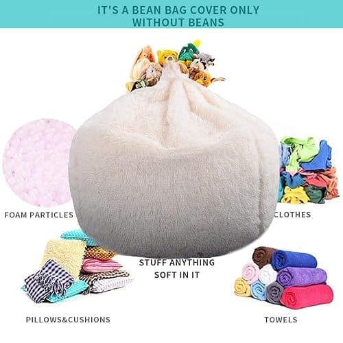 Fluffy Stuffed Animal Storage Bean Bag Chair Cover (No Filler), Faux Fur Comfy Bean Bag Cover for Organizing Plush Toys or Textile, for Adults Teens Kids Girls, Beige thumbnail 2