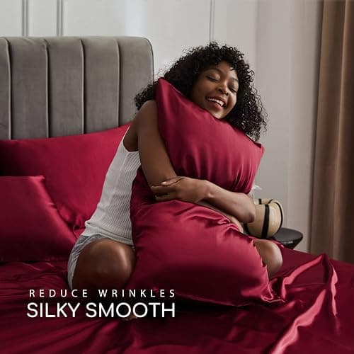MR&HM Satin Bed Sheets, Queen Size Sheets Set, 4 Pcs Silky Bedding Set with 15 Inches Deep Pocket for Mattress (Queen, Burgundy) thumbnail 4