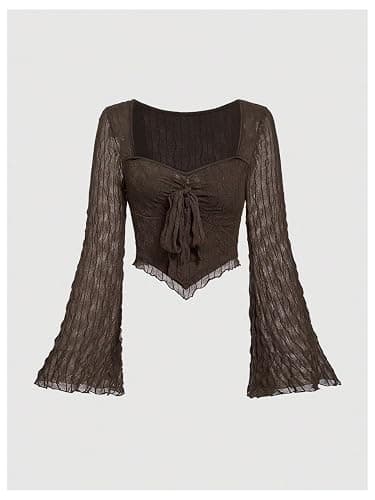 SOLY HUX Women's Long Bell Sleeve Tops Mesh Sweetheart Neck Going Out Crop Top Casual Asymmetrical T Shirts Tees thumbnail 5
