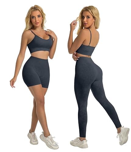 YOAKUKA Women's 4 Piece Workout Sets Seamless Acid Wash Tops Sports Bra High Waist Shorts Leggings Active Set thumbnail 3
