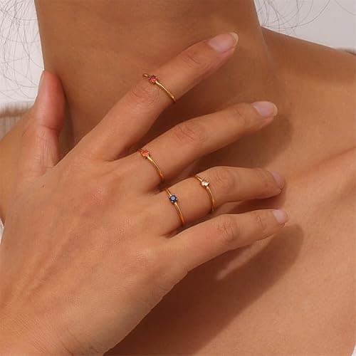 OAKKY Birthstone Rings for Women Stackable Finger Gemstone Gold Plated Cubic Zirconia Circle Colorful Thin Dainty Simple Wedding Engagement Jewelry thumbnail 2