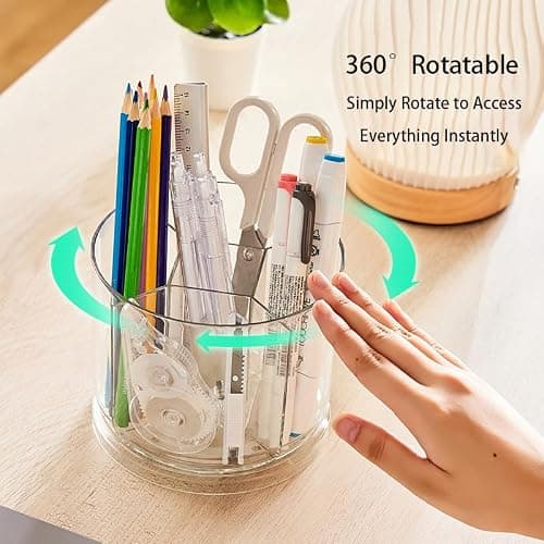 SSYYGET 360° Rotating Makeup Brush Holder Organizer, Clear Spinning Pen & Pencil Holder for Desk, Countertop Vanity Storage Cup with 5 Slots, Round Cosmetic Brush Stand thumbnail 3