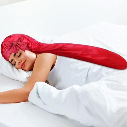 Geyoga 3 Pcs 40 Inches Extra Long Satin Braid Bonnet for Sleeping Silk Hair Bonnet for Women with Tie Band Foldable Braids Hair Sleep Tie, Black, Wine Red and Gold thumbnail 7