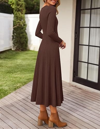 ZESICA Women's Long Sleeve Midi Sweater Dress 2025 Fall Crewneck Knit A Line Pleated Flowy Long Dresses with Belt thumbnail 5