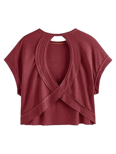 SOLY HUX Women Open Back Tops Workout Backless Tee Casual Athletic Shirts Short Sleeve Oversized Gym T Shirt - Image 1