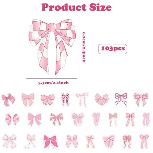 103Pcs Pink Bow Stickers for Water Bottles Cute Patterns Self-Adhesive Dampproof Vintage Aesthetic Stickers Laptop Phone Journal,Bow Knot Decal Decor Stickers Gifts for Kids Girls Women thumbnail 3