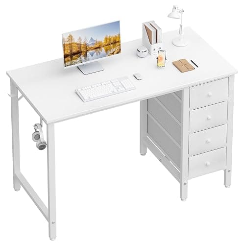 Lufeiya Small White Desk with Drawers for Bedroom, 40 Inch Kids Girls Study Desks, Reversible Computer Writing Nail Table with Fabric Drawer for Small Spaces Home Office Manicure - Image 1