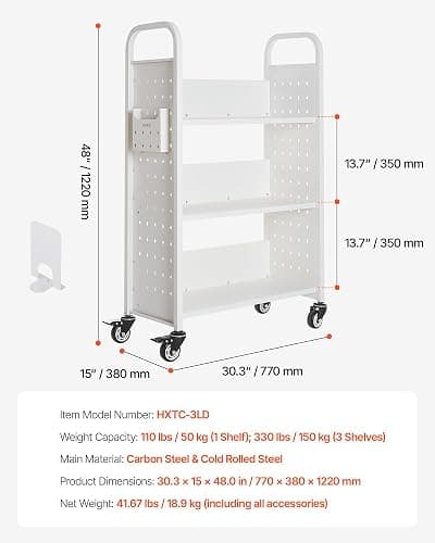 VEVOR Rolling Library Book Cart, 330 lbs Capacity, 30.3 x 15 x 48.0-Inch Library Cart, Single Sided L-Shaped Shelves with 3-Inch Lockable Wheels, Book Truck for Home Shelves Office and School, White thumbnail 3