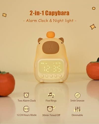 Aokpsrt Capybara Alarm Clock with Night Light for Kids, Cute Toddler Alarm Clocks for Bedrooms Ok to Wake Clocks for Girls and Boys, Rechargeable Silicone Animal Tabletop Lamp for Kid thumbnail 2