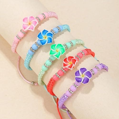 MMIUAEG 5pcs Hawaiian Plumeria Rubra Bracelets for Women Bohemian Woven Tropical Flower Charms Bracelet Handmade Braided Boho Beach Jewelry Party Gifts thumbnail 4