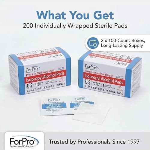ForPro Alcohol Prep Pads, 200-Count Sterile Alcohol Wipes Individually Wrapped, 70% Isopropyl, Medium 2-Ply Medical Grade Antiseptic Pads, Latex-Free, First Aid & Injection Prep, Gamma Sterilized thumbnail 2