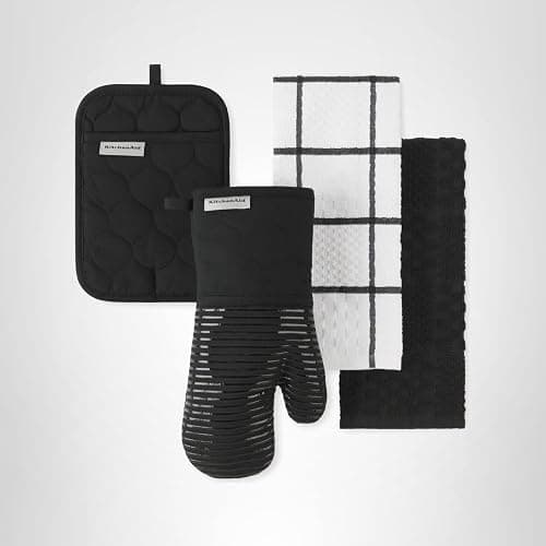 KitchenAid Quilted Cotton Terry Cloth Oven Mitt, Pot Holder, Kitchen Towel 4-Pack Set, Heat Resistant, Silicone Grip, Gift Set, Matte Black, 16"x26", 7"x13" & 7"x10" thumbnail 11