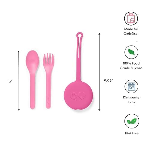 Omie OmieBox Kids Utensils Set with Case - 2 Piece Plastic, Reusable Fork and Spoon Silverware with Pod for Kids (Bubble Pink) thumbnail 3