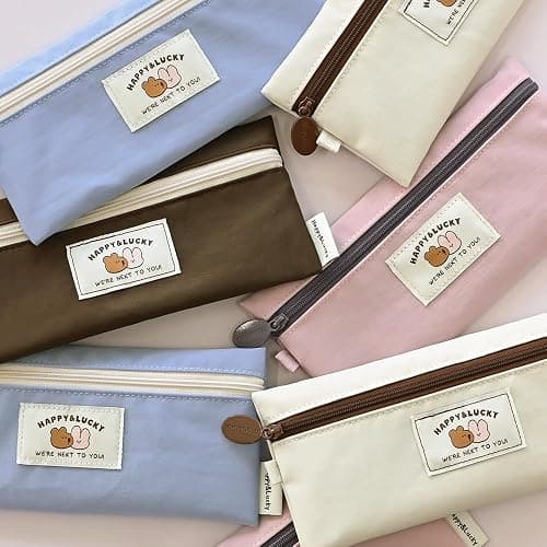 Monolike Happy and Lucky Flat Pencil Case, Brown - Slim Water-Resistant Nylon Pen Pouch, Aesthetic Pastel Stationery Organizer for Office thumbnail 7
