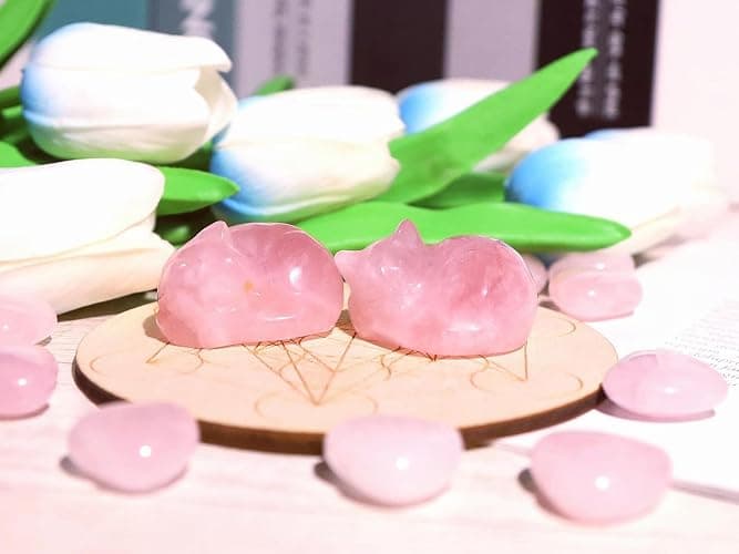 QINJIEJIE Rose Quartz Cat Decor Pink Gift Crystals Sleeping Cat Statue Stone Figurine Polished Gemstones Decors Office Room Home Desk Healing Valentines Decors for Women Cats Decor Stocking Stuffers thumbnail 2