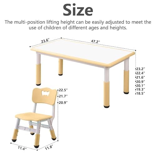 monleelnom Children's Table and Chair Set Suitable for Boys and Girls Age 2-12 Height Adjustable Table top Can be Painted with 6 Seats Suitable for Family Learning Daily use (Wood Color) thumbnail 2