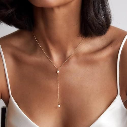 PRTGL Pearl Necklace: 14K Gold-Plated/White Gold-plated Pearl Necklace for Women 16.5” + 2” thumbnail 2
