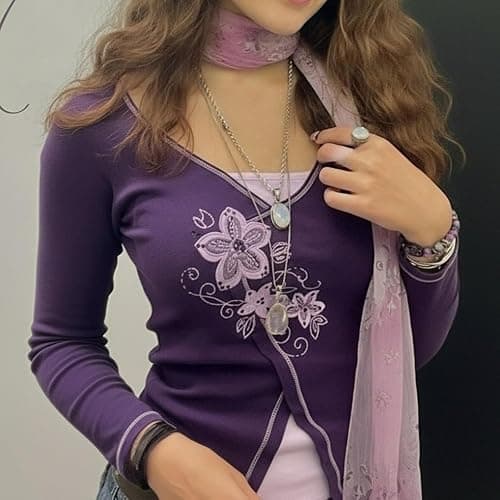 Y2k V Neck Floral Tops Women Fairy Grunge Vintage Long Sleeve Top 2000s Emo Graphic Cute Teen Girls Clothe thumbnail 5