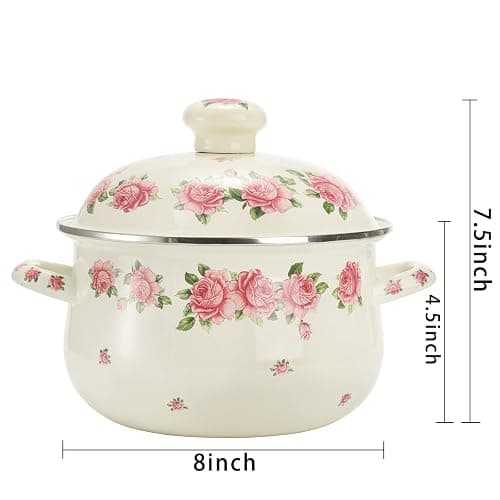 SOUJOY Enamel Stockpot with Lid, 2.8 Quart Retro Cooking Pot, Vintage Floral Stew Bean Simmer Pot with Handle, Kitchen Soup Pot, Safe for Induction Cookers, Gas Stove thumbnail 3
