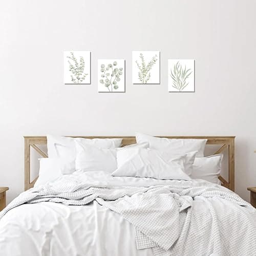 Erctoo Botanical Plant Canvas Wall Art, Framed Boho Wall Decor for Bathroom, Minimalist Aesthetic Bedroom Wall Art, Sage Green Eucalyptus Leaf Prints for Office, Set of 4PCS, 8”X10” thumbnail 4