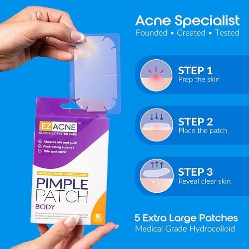 EZACNE™ Extra Large Pimple Patches for Body – Large Hydrocolloid Acne Patches for Back, Face, Forehead, Chin, Neck, Shoulders – Big Zit Patch for Breakouts (5 Count) thumbnail 4