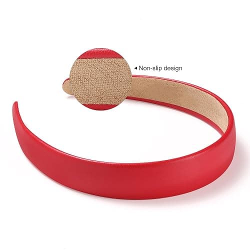 WantGor 1 Inch PU Leather Headband, Wide Padded Hairband Fashion Hair Bands Cute Womens Headbands Holiday DIY Hair Accessories (Red) thumbnail 4