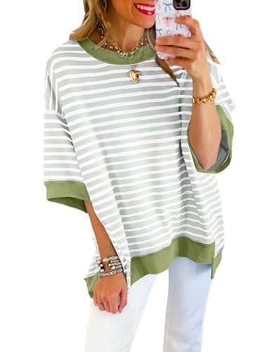 SHEWIN Womens Tops Casual Short Sleeve Sweatshirt Crewneck Striped Shirt Pullover T Shirts Loose Blouses - Image 1