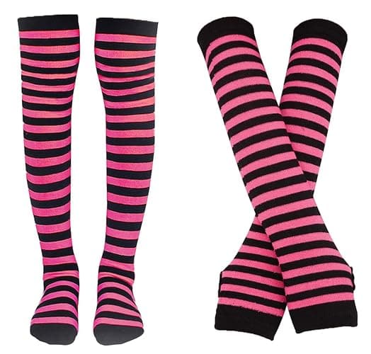 Bienvenu Womens Socks Striped Knee High Socks Arm Warmer Fingerless Gloves Set - Fuchsia - Image 1