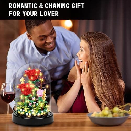 HOGOKIDS Flower Bouquet Building Kit with LED Lighting - 596 PCS Rose Sets with Cover Botanical Building Blocks | Birthday Mini Bricks Valentines Day Gift for Adult Girlfriend Wife (Red Roses) thumbnail 8