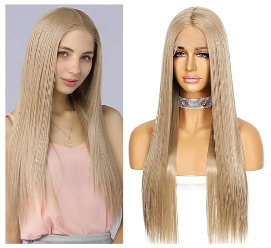 Sapphirewigs Ash Blond Lange gerade Perücke für Frauen Spitze vorne Perücken mit mittelTeil japanische synthetische Haare 150% Dichte Täglich Halloween Weihnachten hitzebeständig 26 inch thumbnail 3