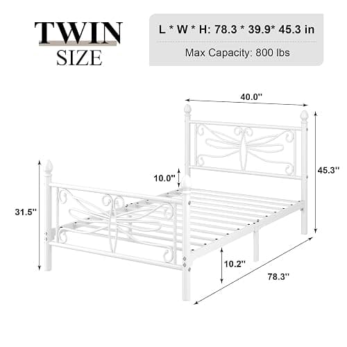 E-Ser Twin Size Bed Frame, Metal Platform Bed Frame with Dragonfly Pattern Headboard and Footboard, Strong Metal Slats Support, No Box Spring Needed, Easy Assembly, Noise-Free, White thumbnail 2