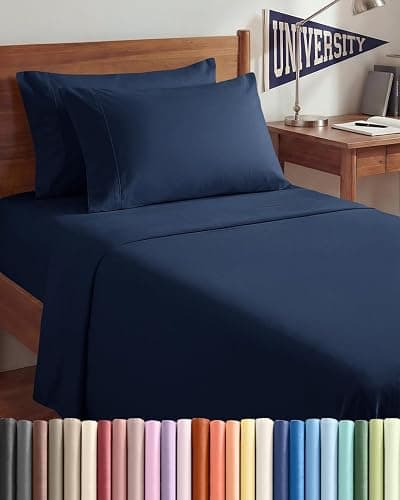 Twin XL 4 Piece Sheet Set - Comfy Breathable & Cooling - Hotel Luxury Bedding for Women, Men, Kids, Teens & Children - 1 Flat & 1 Fitted Sheet & 2 Pillowcases w/ Deep Pockets, Wrinkle Free - Navy Blue - Image 1