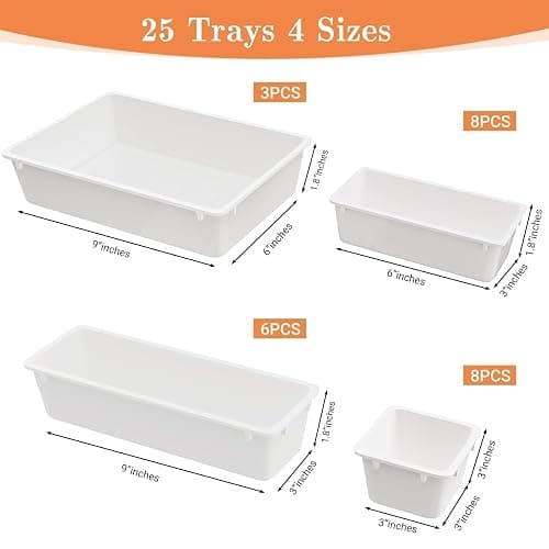 SpaceHacks 25 PCS Plastic Drawer Organizer Set, 4-Size Versatile Organizer Trays & storage Bins for Makeup, Jewelry, and Gadgets in Bathroom, Bedroom and Office, White thumbnail 3