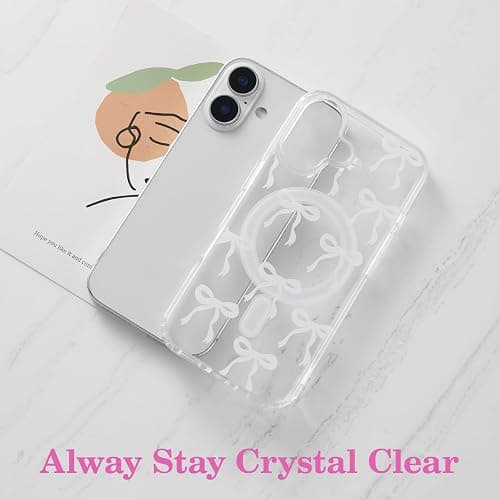 UEEBAI Magnetic for iPhone 17 Case, Bow Case Compatible with MagSafe, Wireless Slim Clear Ribbon Aesthetic Phone Cover Anti-Yellowing Shockproof Protective Cover for Women Girl - White thumbnail 3