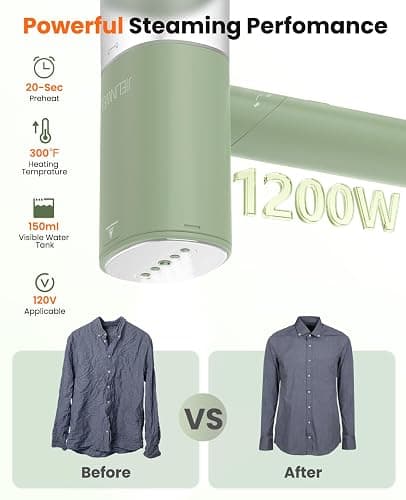 Handheld Steamer for Clothes, 1200W Foldable Travel Steamer, 20 Sec Preheat Garments Wrinkle Remover, 120V Portable Hand Iron with 150ml Water Tank, Clothes Steamer for Home Travel-Green thumbnail 3