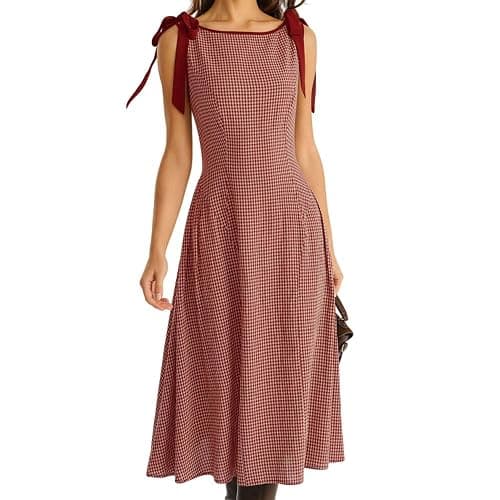 RIHOAS Women's Plaid Boat Neck A-Line Midi Dress - Casual Vintage Plaid Dress for Women - Image 1