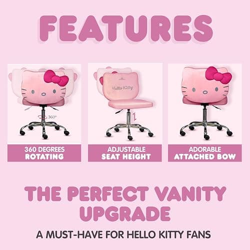 Impressions Vanity Hello Kitty® Kawaii Swivel Vanity Chair, Pink | Adjustable Height, Silver Base, 360° Spin, 5 Wheels, 20" Wide, 33" Tall, Armless Comfy Padded Desk Chair with Backrest thumbnail 5